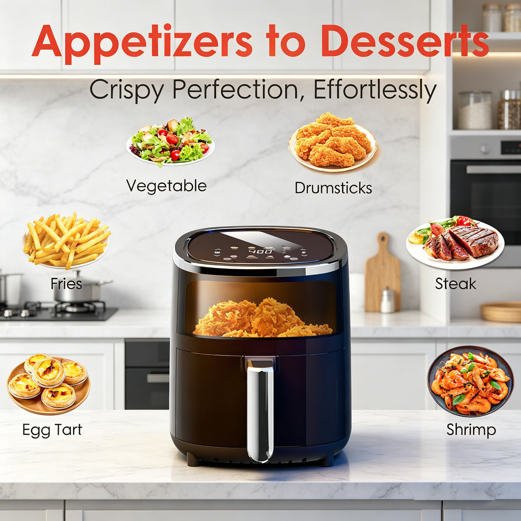 WHALLULTRA 4.0QT Air Fryer, Smart Digital Color Touchscreen Air Fryers with View Window, 12 Presets, Air Fry, Bake, Broil, Dehydrate, Roast, Reheat - Black