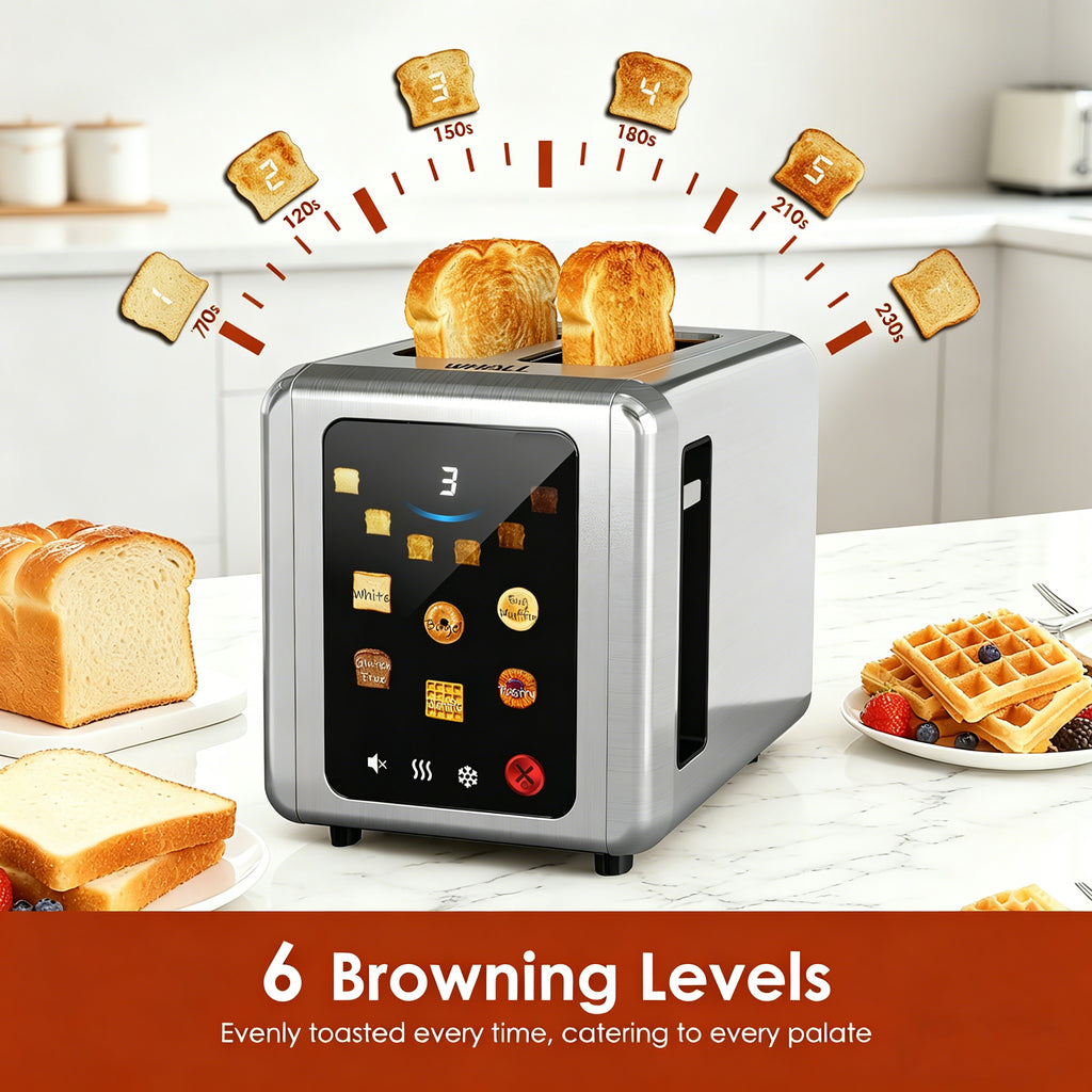 WHALLULTRA Touch Screen Toaster 2 Slice, 1.5'' Wide Slot Stainless Steel Toaster with Digital Timer, 6 Bread Types & 6 Shade Settings, Crumb Tray