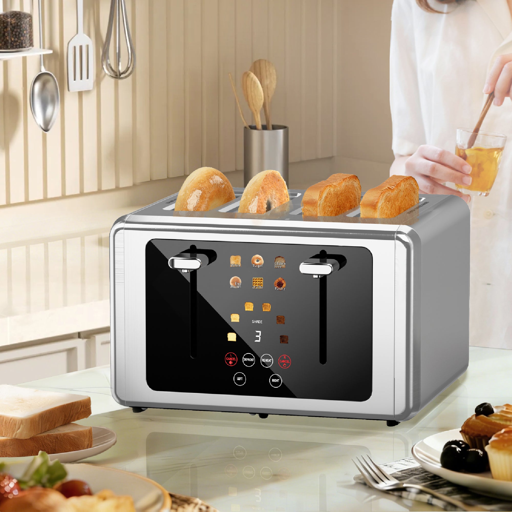 WHALLULTRA Toaster 4 Slice,Touchscreen Toaster with 6 Bread Types & 6 Shade Settings, Stainless Still 2 slice Toaster