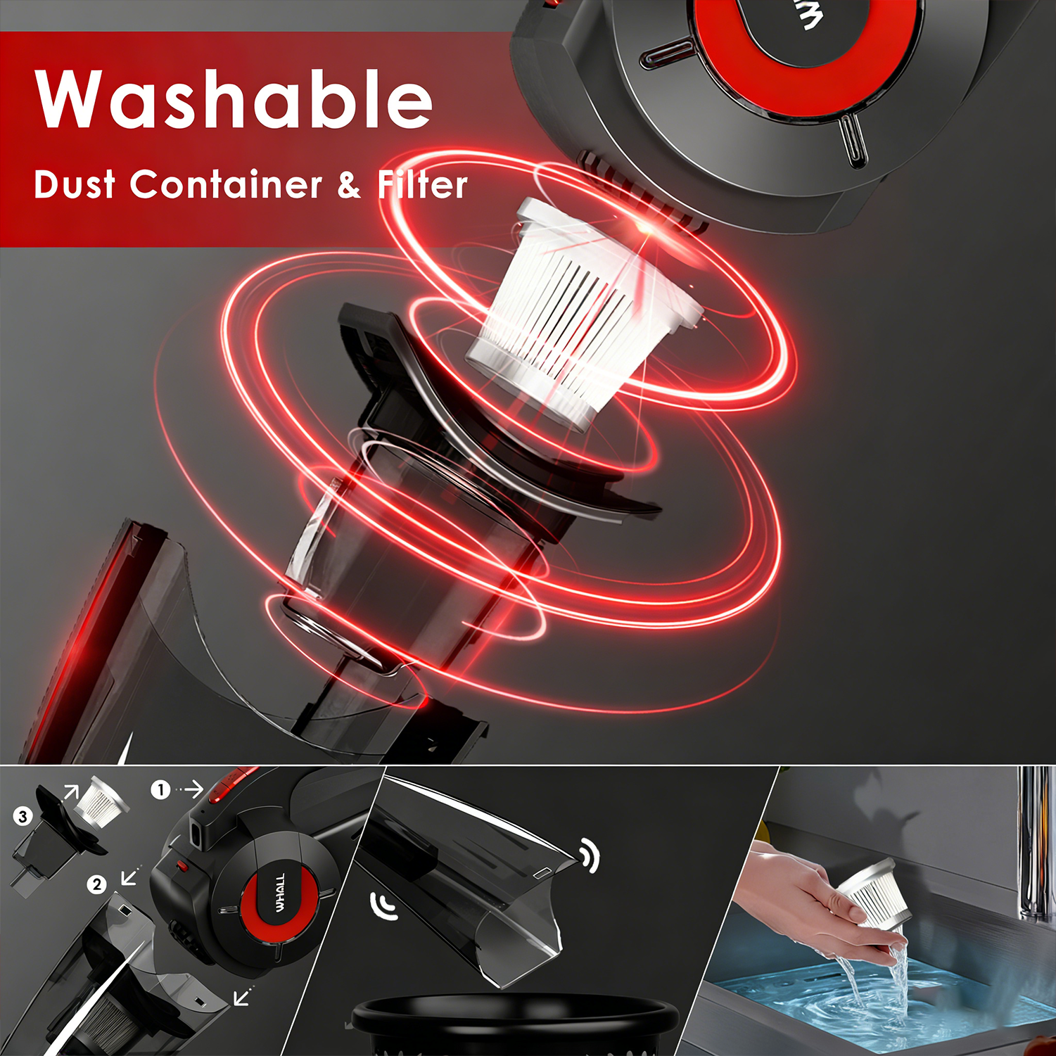 WHALLULTRA Handheld Cordless Car Vacuums, Wet and Dry Use 9KPa Strong Suction Vacuums, Rechargeable Portable Vacuum Cleaner with LED, Charging Dock, Red