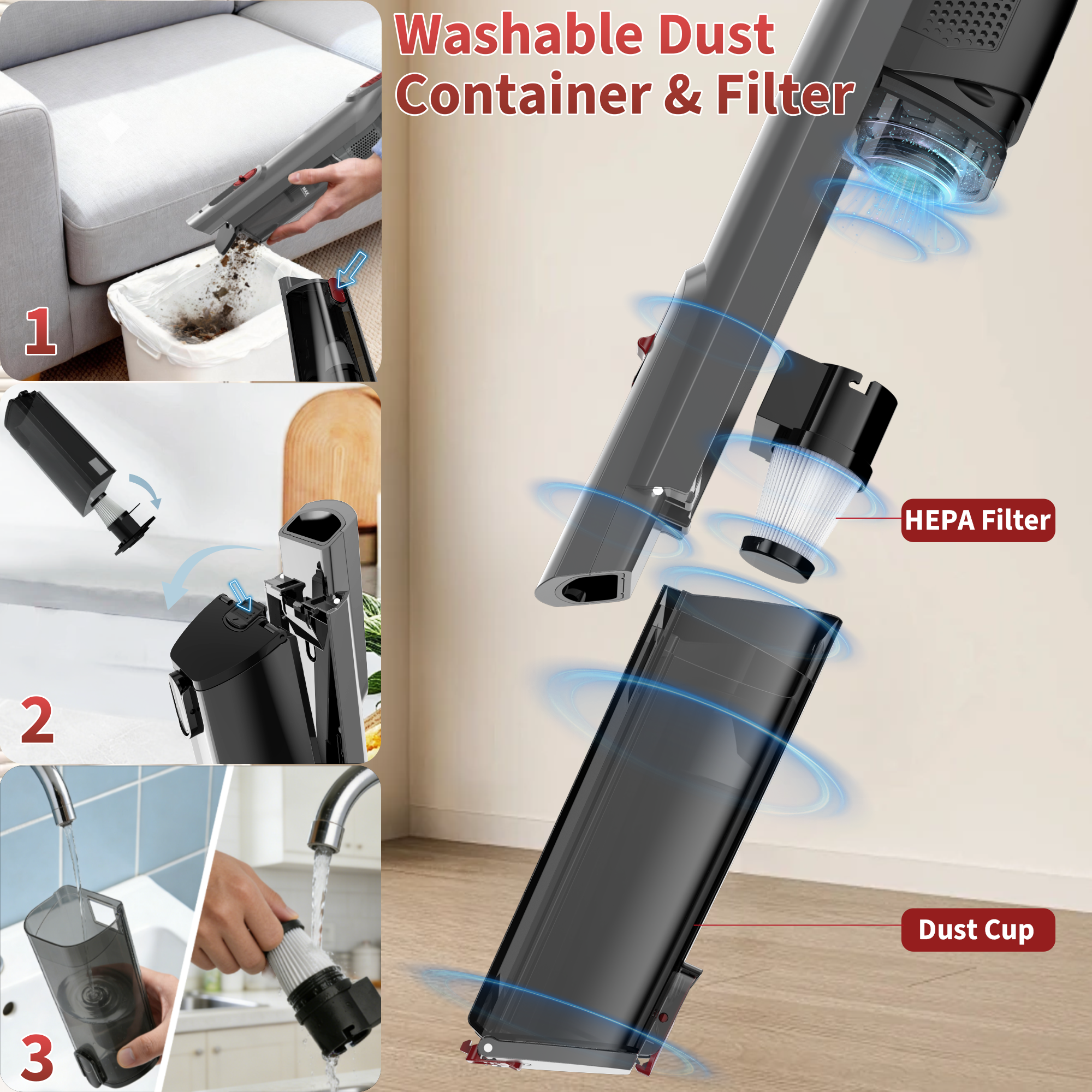 WHALLULTRA Handheld Vacuum Cleaner, 15kPa Powerful Suction Cordless Hand Vacuum with Bldc Motor, LED Light and Charging Dock for Home and Office