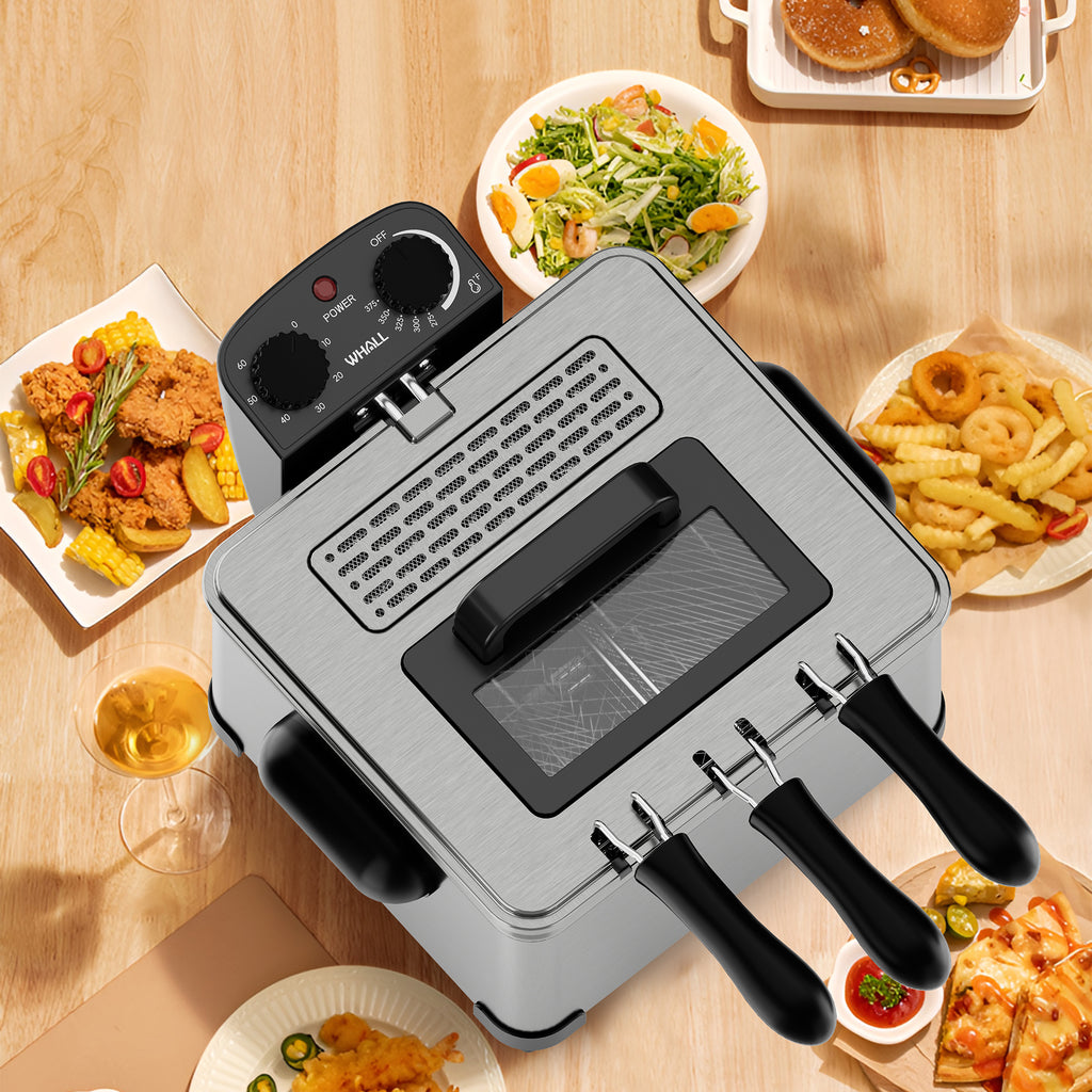 WHALLULTRA 5.3QT Electric Deep Fryer, 1700W Stainless Steel Oil Fryer with Triple Baskets, Adjustable Temperature, Perfect for Family Meals and Parties