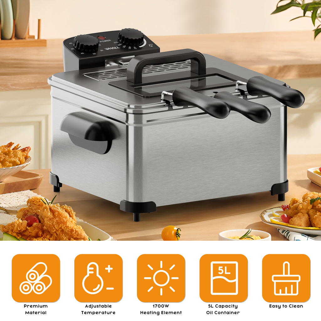 WHALLULTRA 5.3QT Electric Deep Fryer, 1700W Stainless Steel Oil Fryer with Triple Baskets, Adjustable Temperature, Perfect for Family Meals and Parties