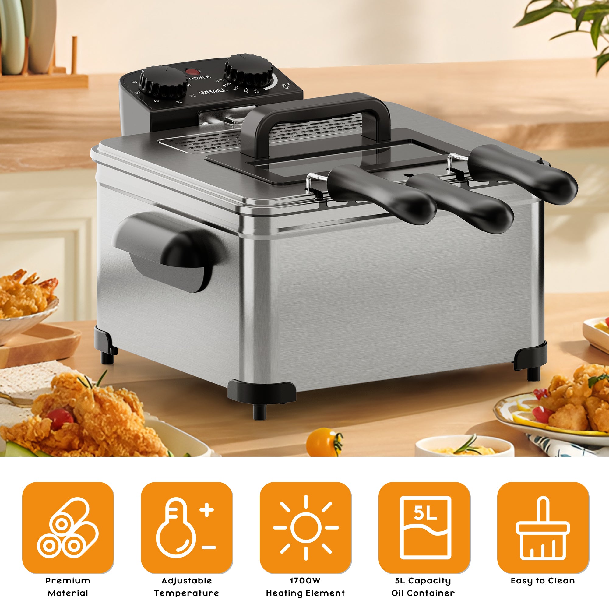 WHALLULTRA 5.3QT Electric Deep Fryer, 1700W Stainless Steel Oil Fryer with Triple Baskets, Adjustable Temperature, Perfect for Family Meals and Parties