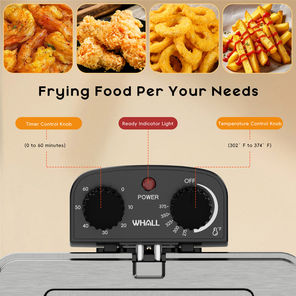 WHALLULTRA 5.3QT Electric Deep Fryer, 1700W Stainless Steel Oil Fryer with Triple Baskets, Adjustable Temperature, Perfect for Family Meals and Parties