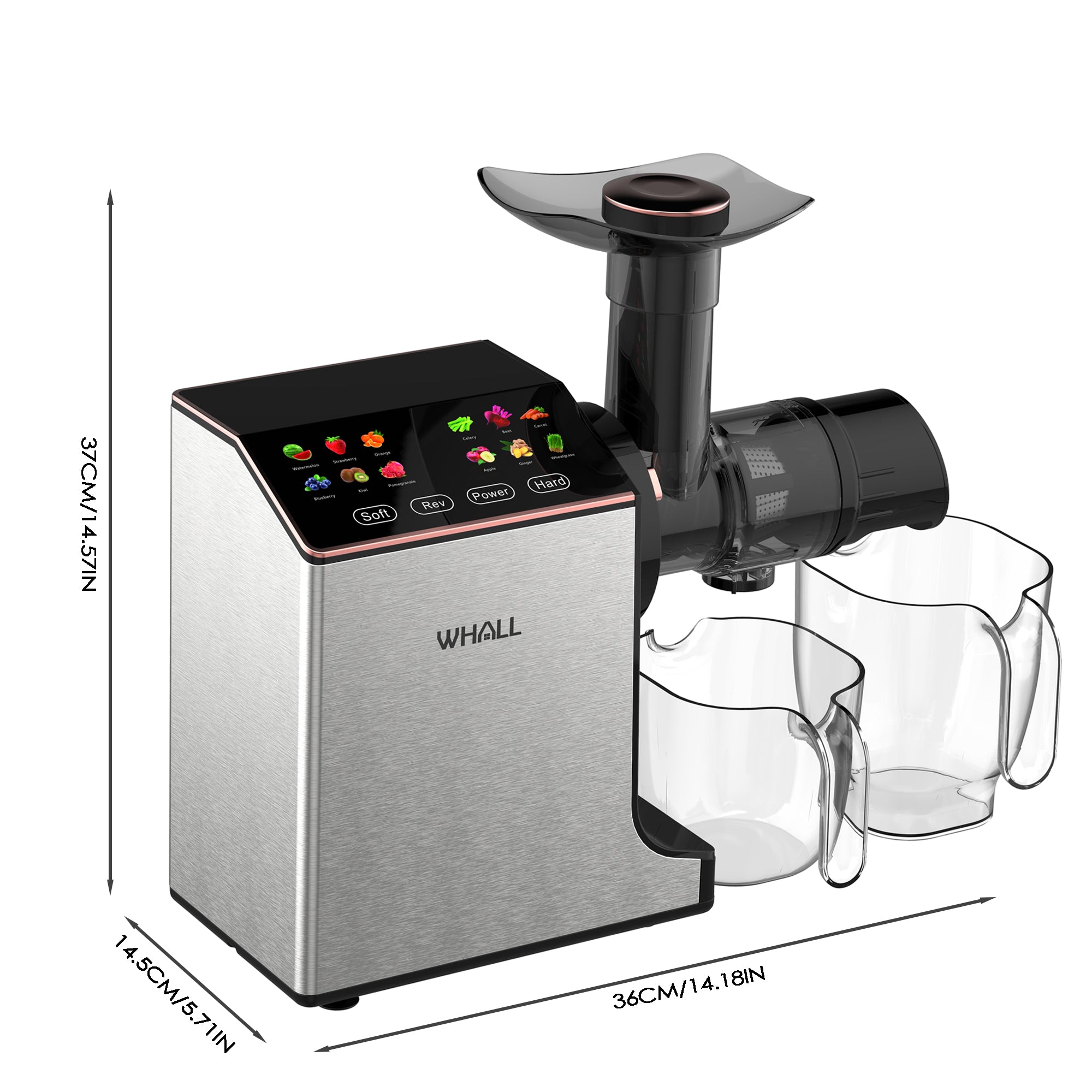 WHALLPRO Cold Press Juicer Machine, Wide Feed Chute, High Juice Yield, Stainless Steel Masticating Juicer - Silver