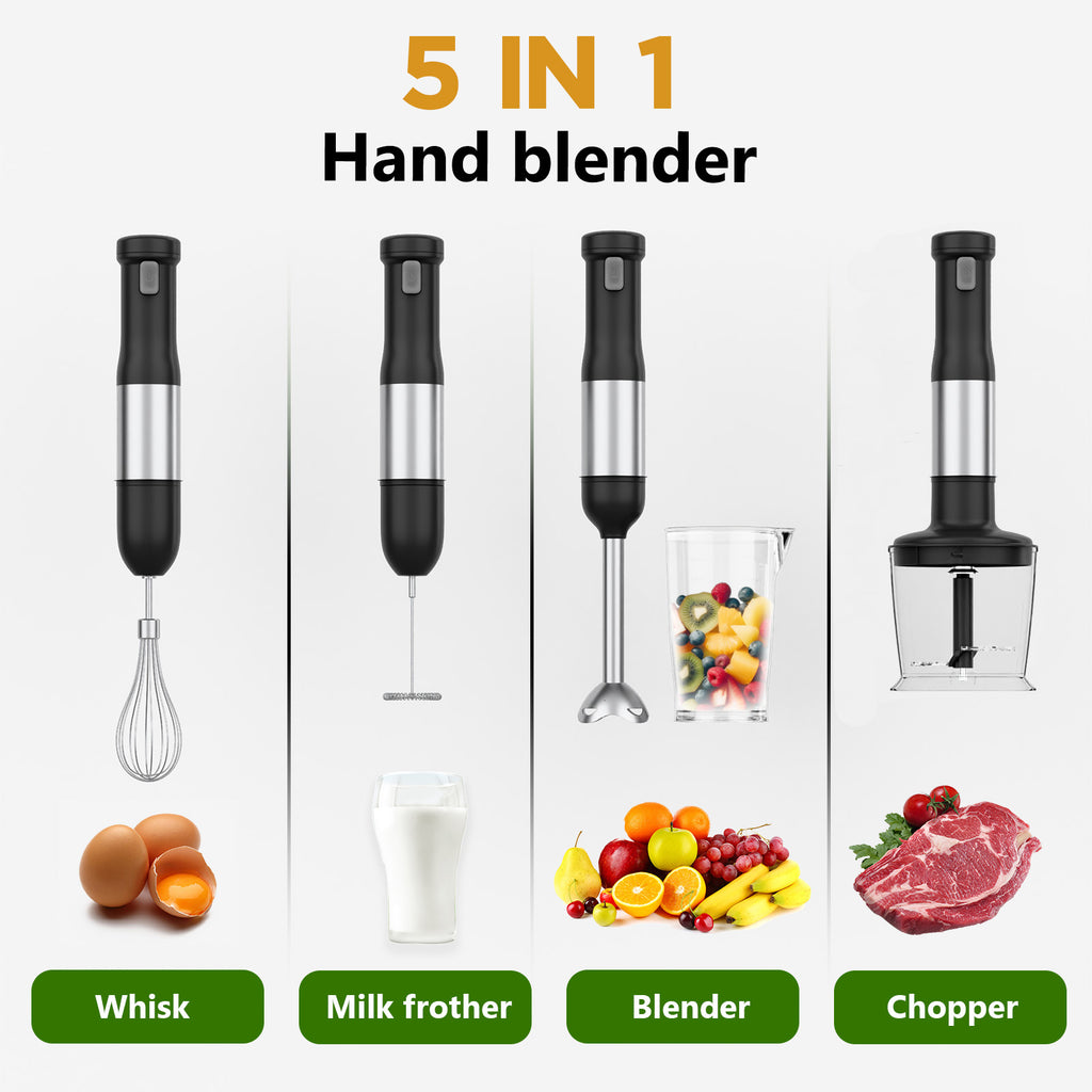 WHALLULTRA - 5-in-1 Cordless Immersion Hand Blender - Variable Speed, Rechargeable Handheld Blender for Smoothies