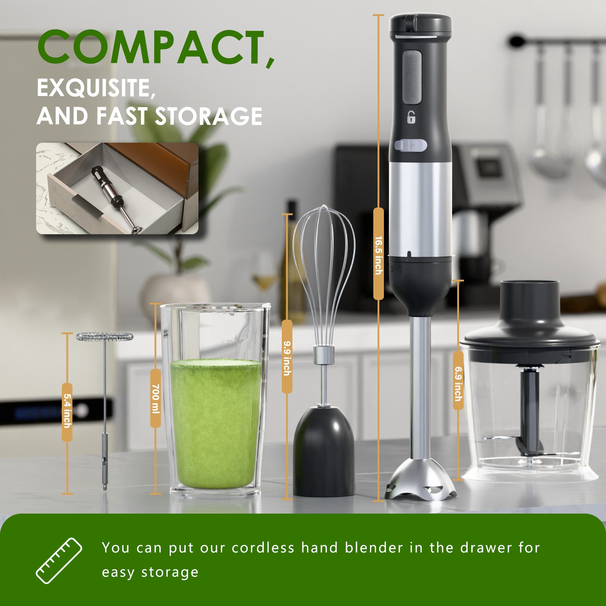 WHALLULTRA - 5-in-1 Cordless Immersion Hand Blender - Variable Speed, Rechargeable Handheld Blender for Smoothies