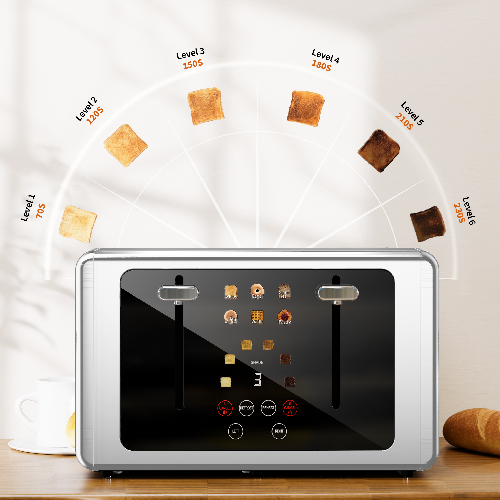 WHALLULTRA Toaster 4 Slice,Touchscreen Toaster with 6 Bread Types & 6 Shade Settings, Stainless Still 2 slice Toaster